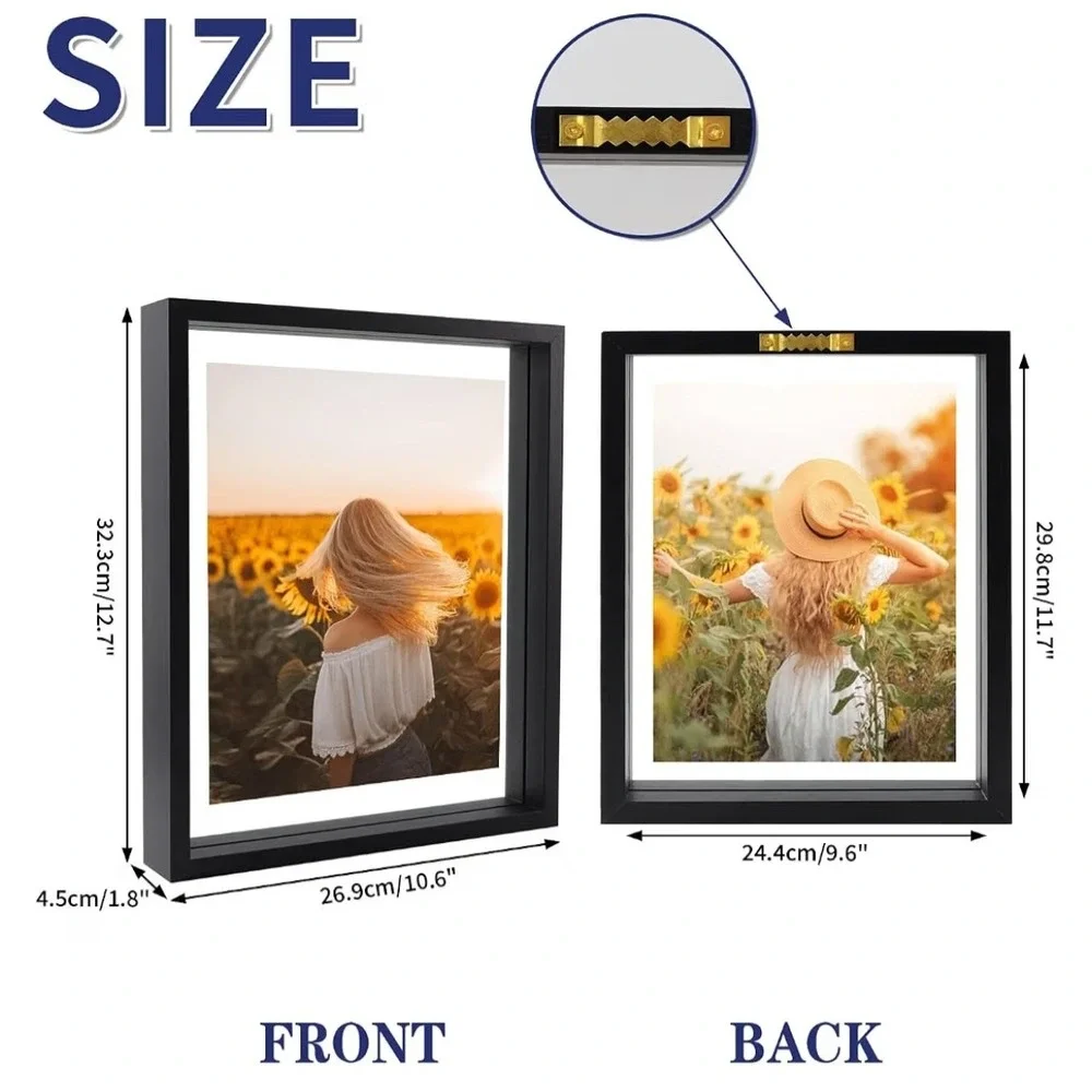 WIFTREY Black 8x10 Floating Picture Frame 2 Pack Double Glass Distressed Wood